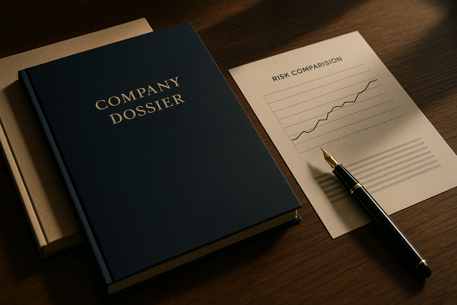 Bürgel Alternative mit geordneten Prüfunterlagen und Vergleichsmappe auf dunklem Schreibtisch