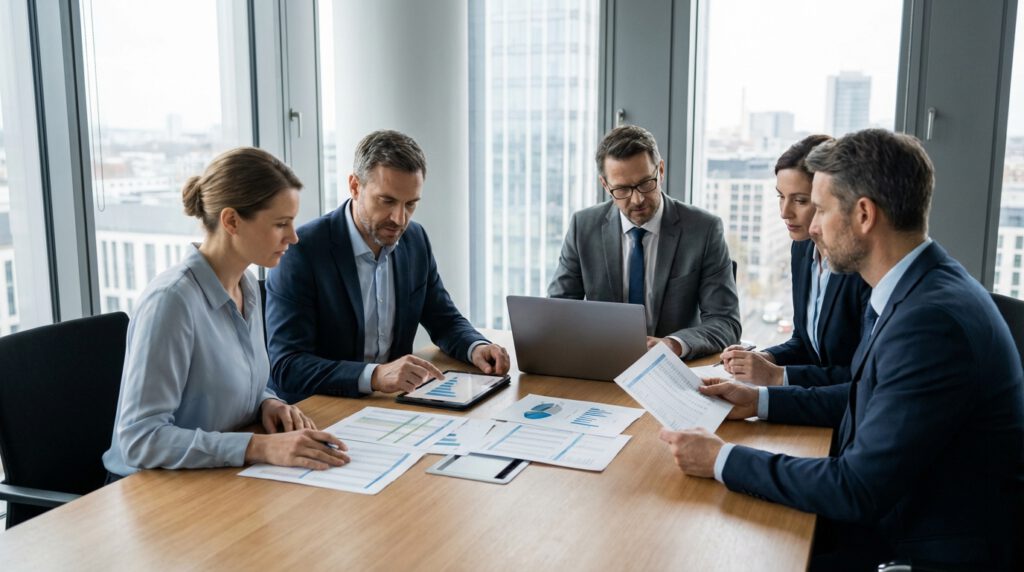 Creditsafe Alternative: Finance- und Vertriebsteam vergleicht B2B-Bonitätsanbieter im Besprechungsraum