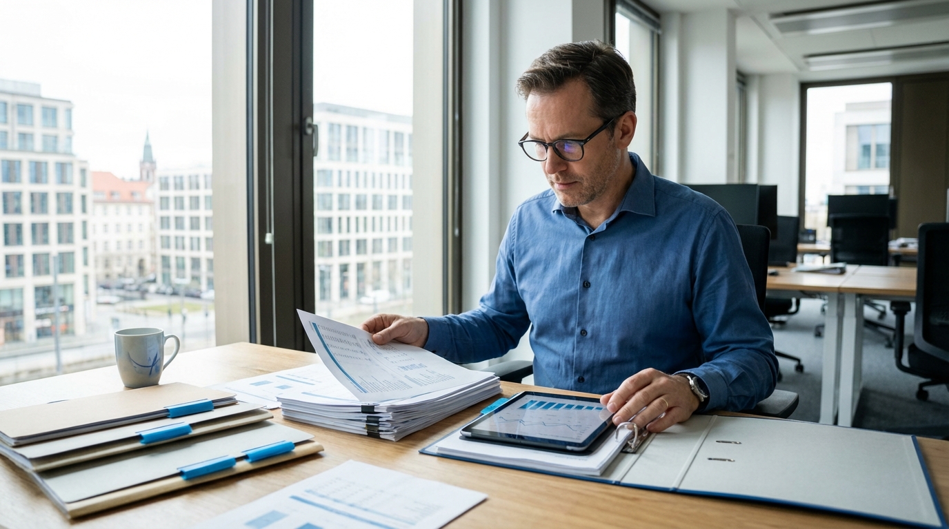 Analyst prüft Lieferanten- und Kundenrisiko für eine Creditsafe Alternative im Büro