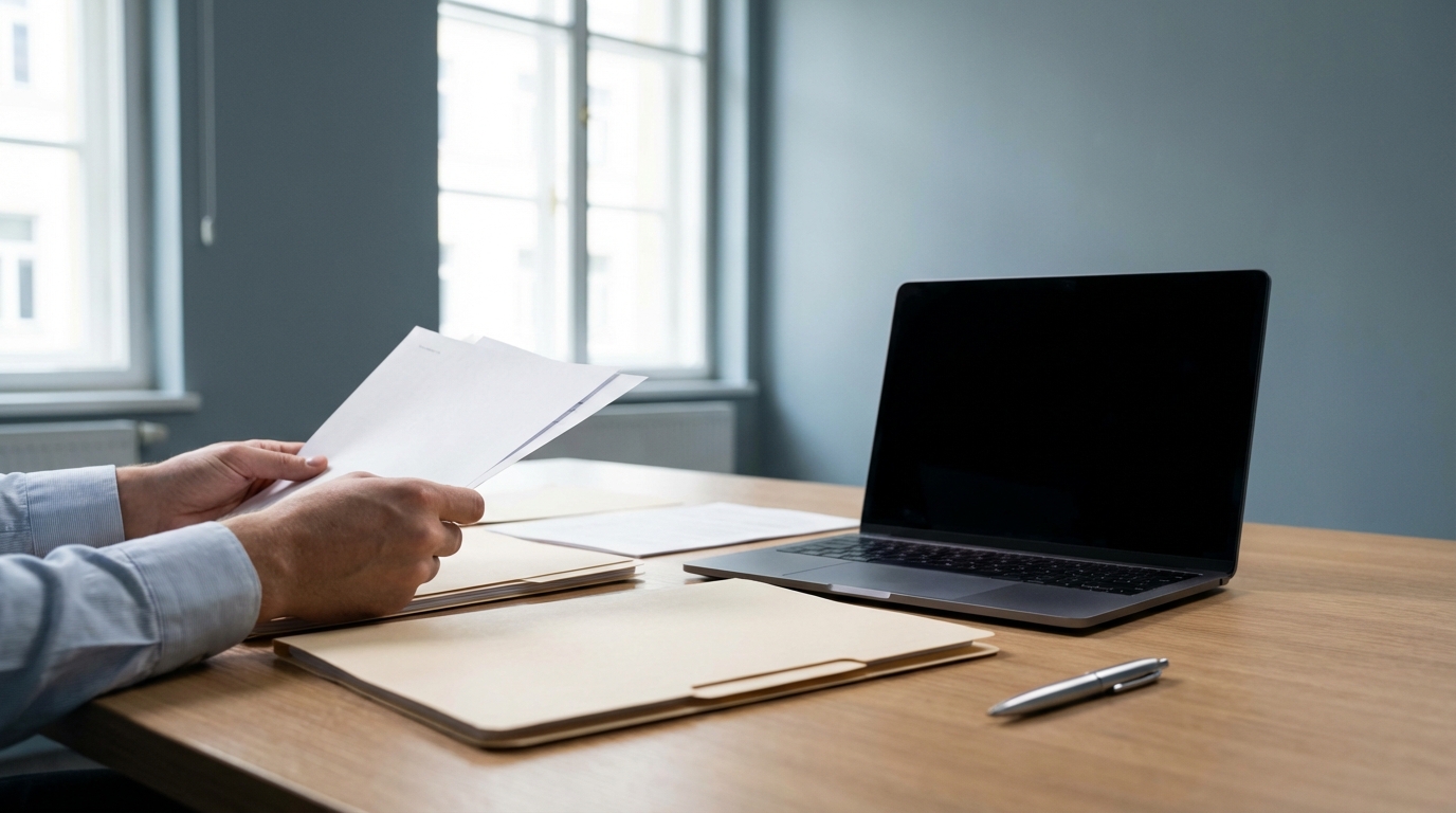 Creditsafe Alternative im Prüfprozess mit neutralen Berichten, Laptop und Unterlagen auf dem Schreibtisch