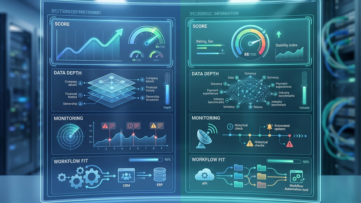 Vergleich zweier Auskunftei-Modelle mit Score, Monitoring und Datenlogik