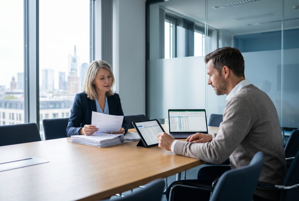 Debitorenmanagement in einem B2B-Finanzmeeting mit Rechnungen und Zahlungsplanung