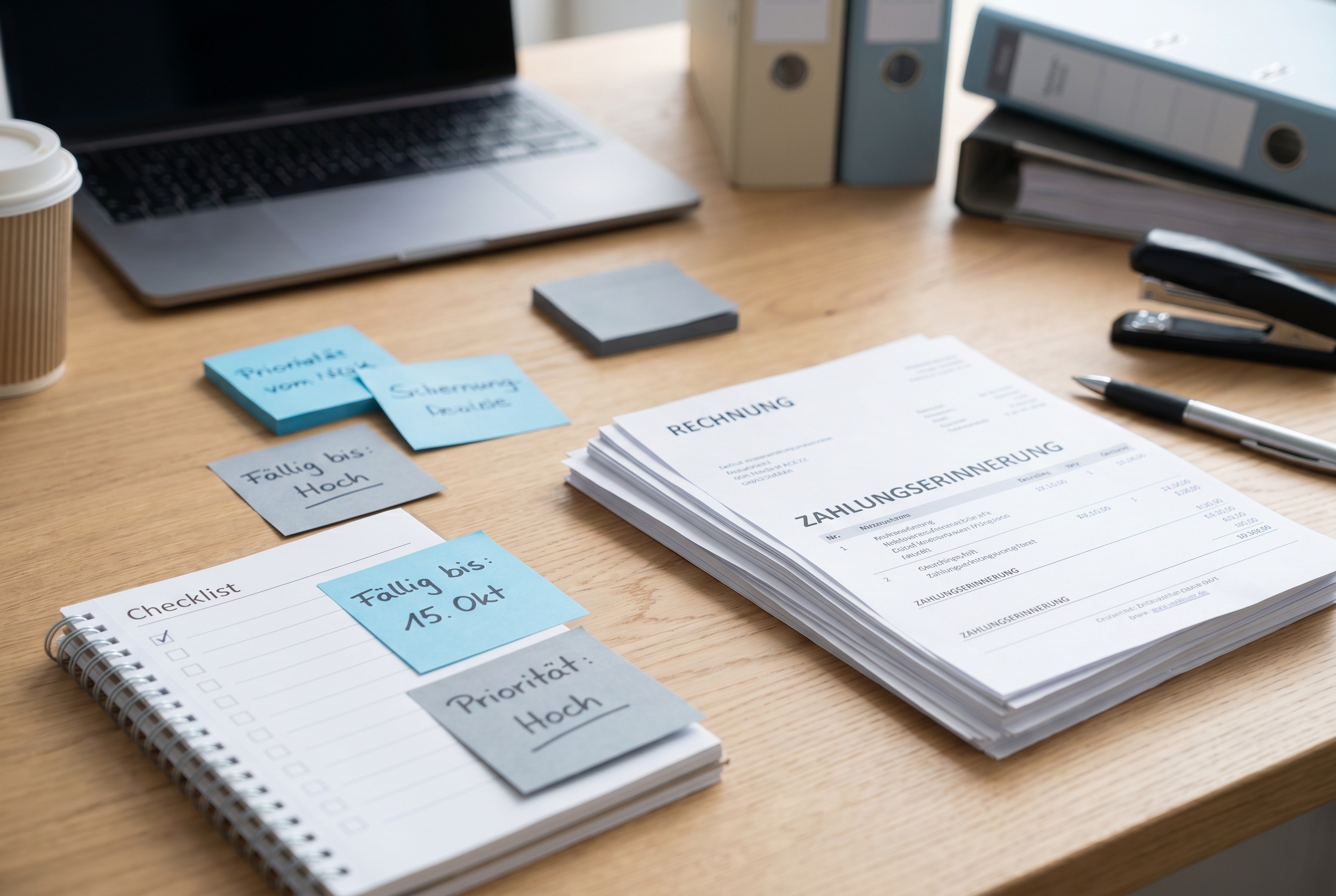 Debitorenmanagement mit Rechnungen, Fälligkeiten und Checkliste auf dem Schreibtisch