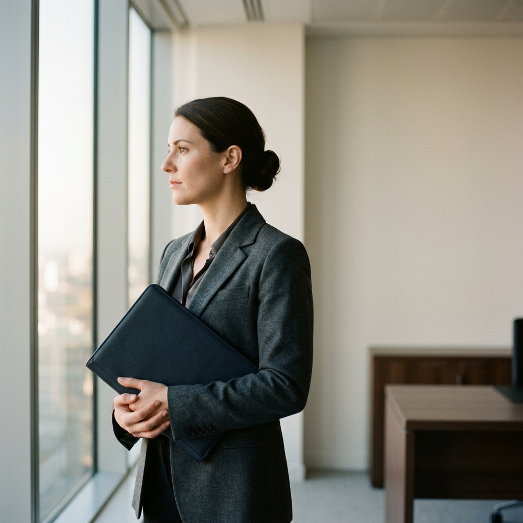 Firma pruefen vor Auftrag: Frau bei der Risikobewertung am Buerofenster