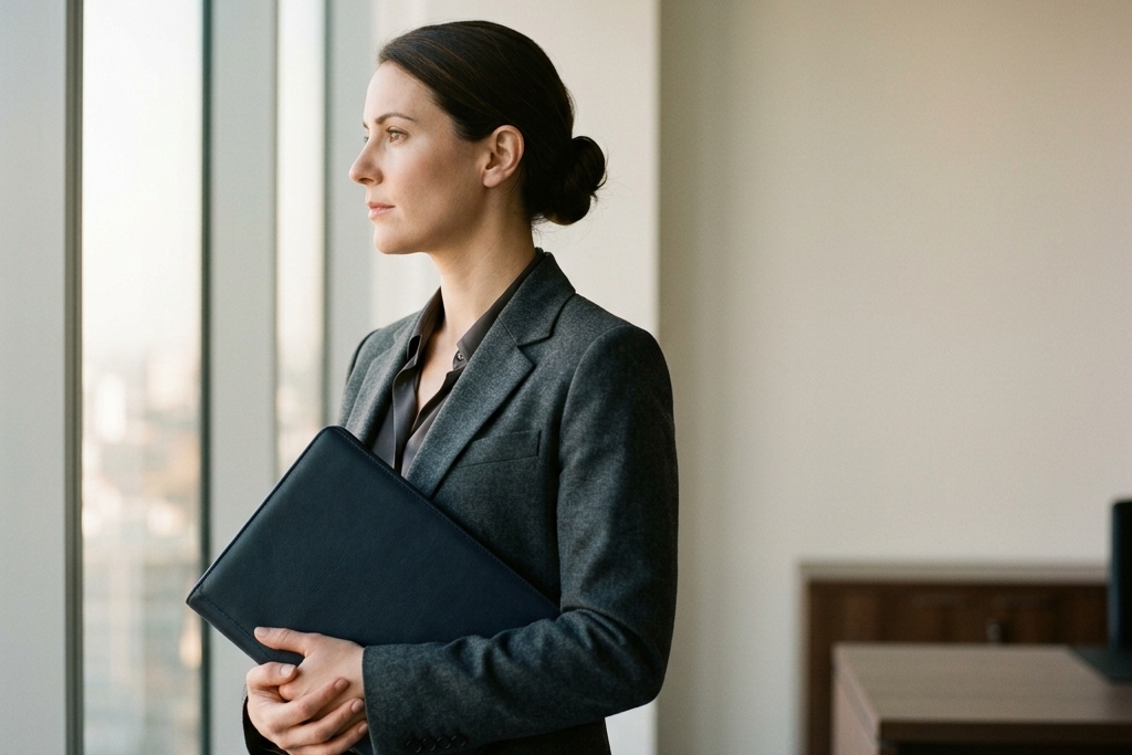 Firma pruefen vor Auftrag: Frau bei der Risikobewertung am Buerofenster