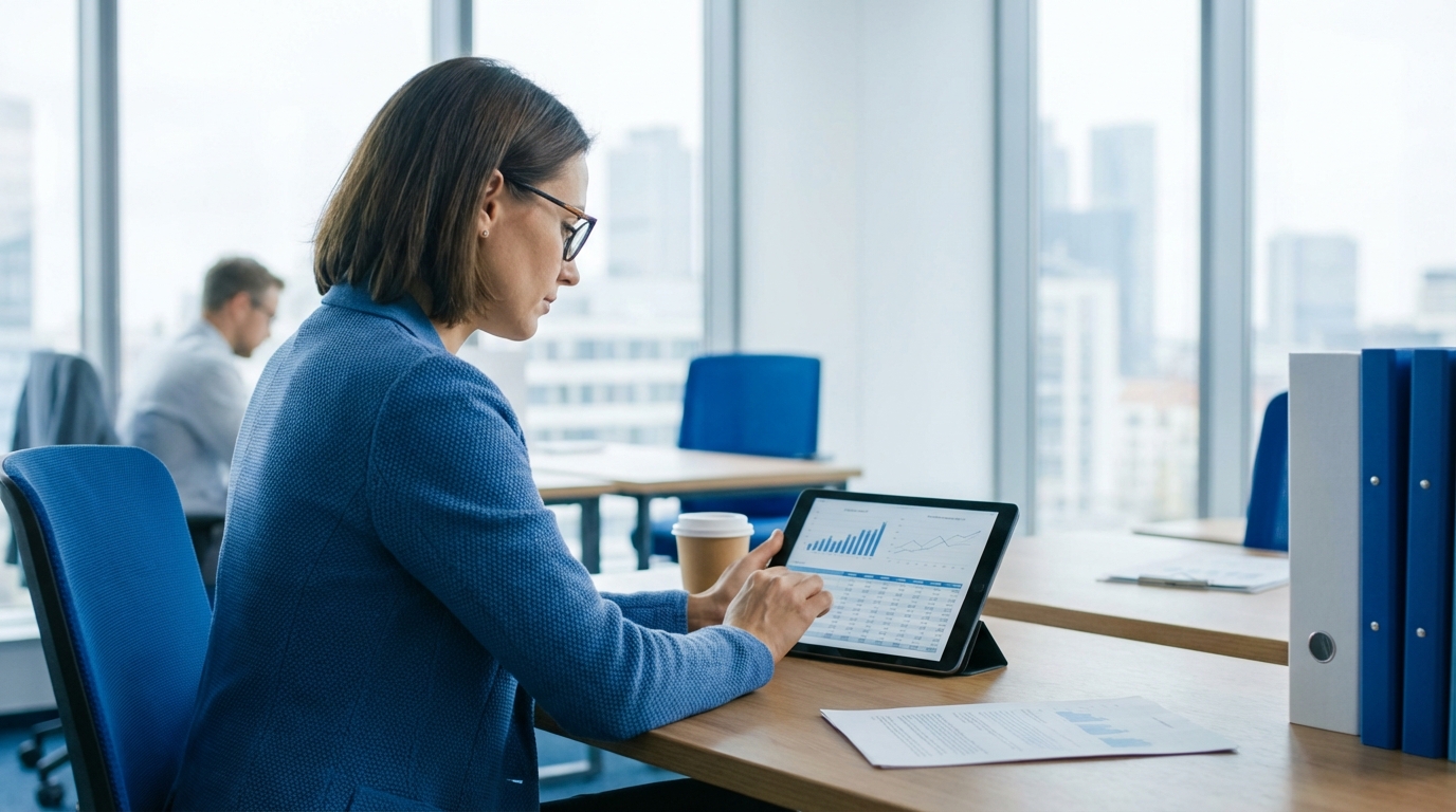 Analyst prüft Firmenauskunft API-Daten auf Tablet im Büro