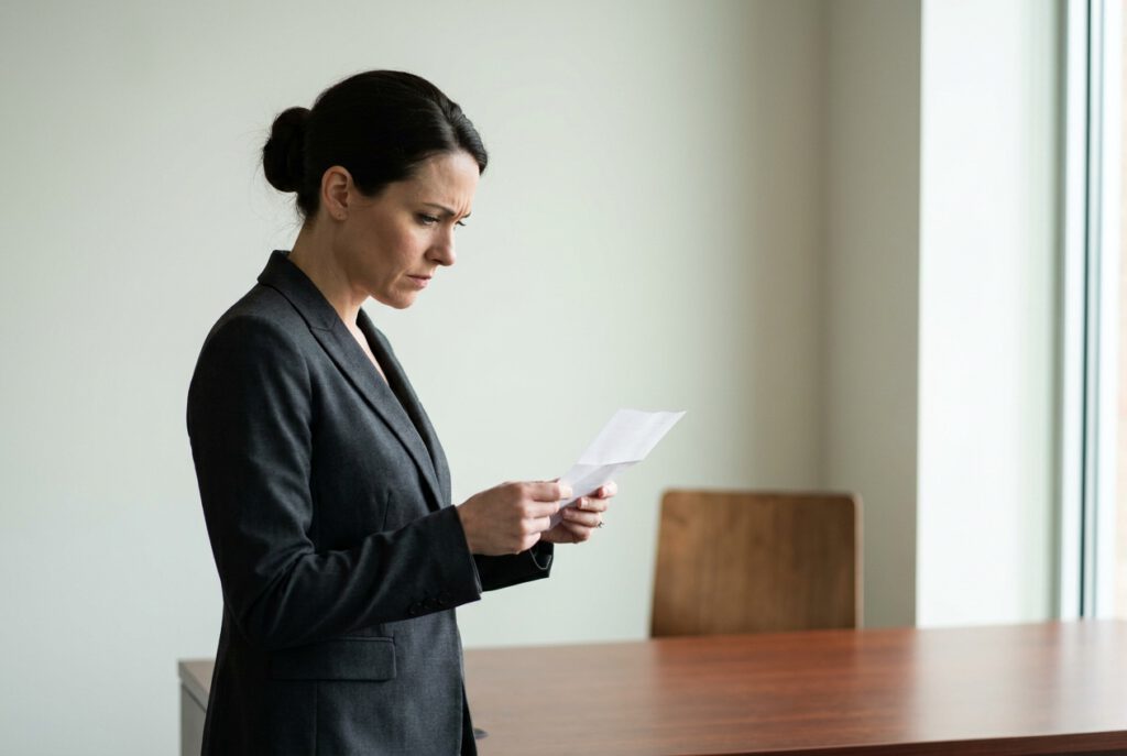 Inkasso Fake Briefe: Sachbearbeiterin vergleicht ein Forderungsschreiben mit Unterlagen am Schreibtisch