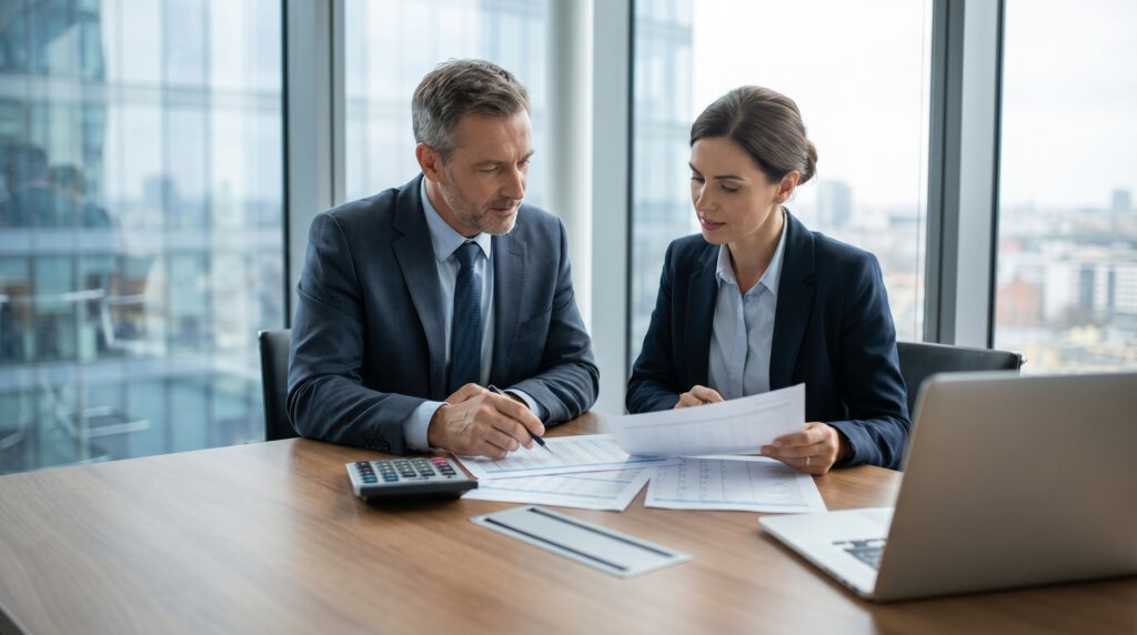 Kreditlimit berechnen Debitoren – Finanzdokumente und Risikoanalyse auf dem Schreibtisch