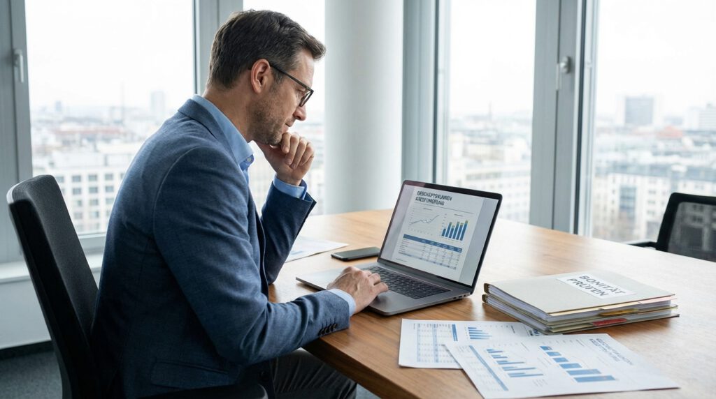 Kreditrisiko von Geschäftskunden prüfen – Finanzexperte prüft Bonitätsbericht am Laptop