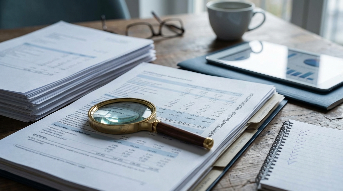Geschäftsunterlagen und Bonitätsbericht auf dem Schreibtisch – Kreditrisiko-Prüfung