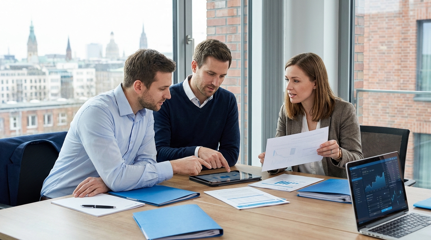 Team bespricht Risikobewertung von Geschäftskunden im Büro