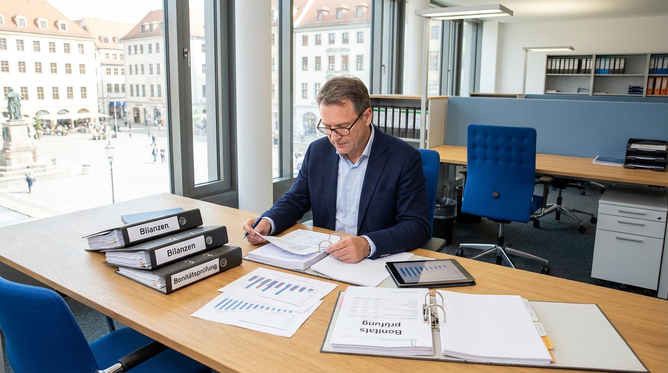 Finanzanalyst prüft Bilanzdaten und Kreditrisiko-Unterlagen