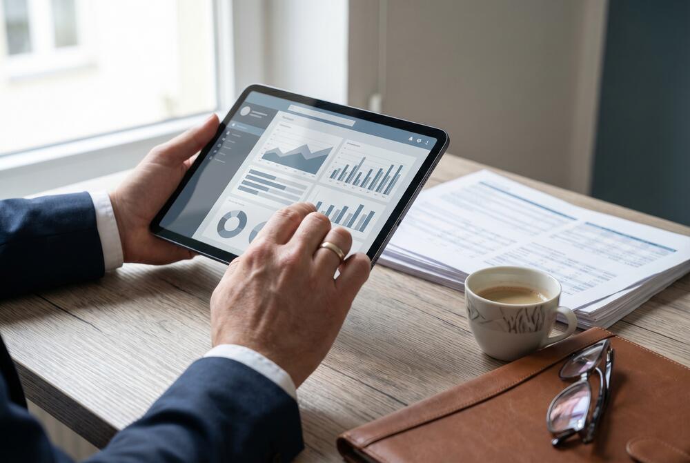 Bonitaetsbericht und Kreditpruefung auf einem Tablet in einem deutschen Buero