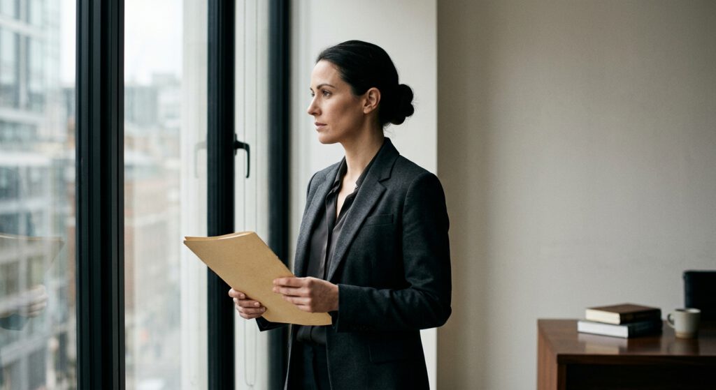 Kontemplative Betrachtung einer negativen Bonitätsauskunft am Bürofenster