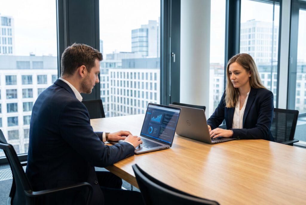 North Data API in einem B2B-Meeting mit Unternehmensdaten und Integrationsplanung