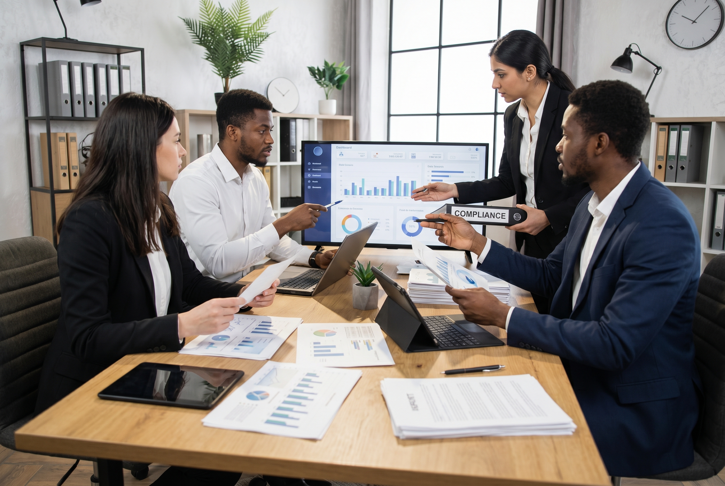 Team diskutiert North Data API, Onboarding, Compliance und B2B-Risikoprüfung im Meeting