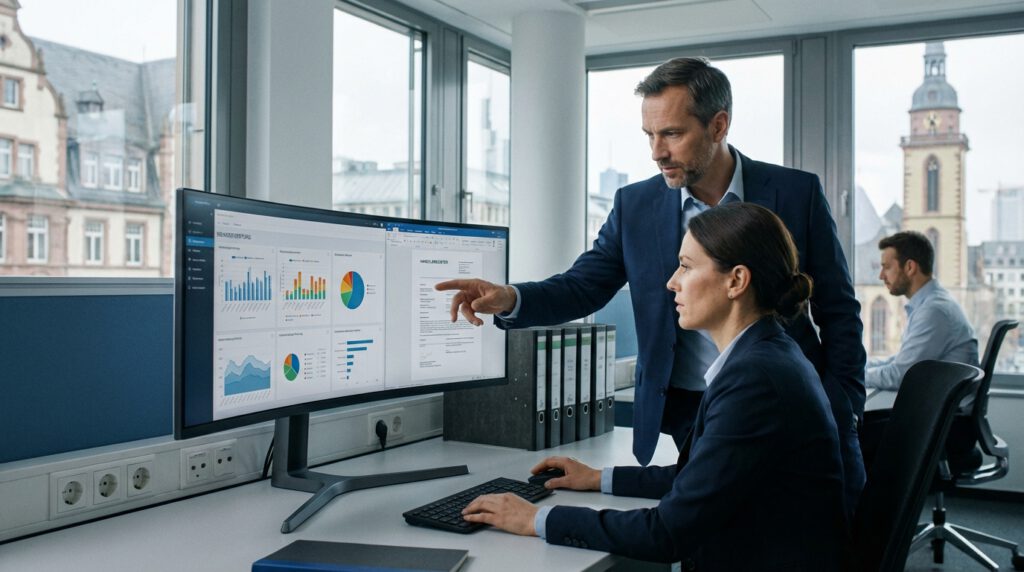 North Data Alternative: Finance-Team vergleicht Registerdaten, Firmenprüfung und Risikodashboard im Büro