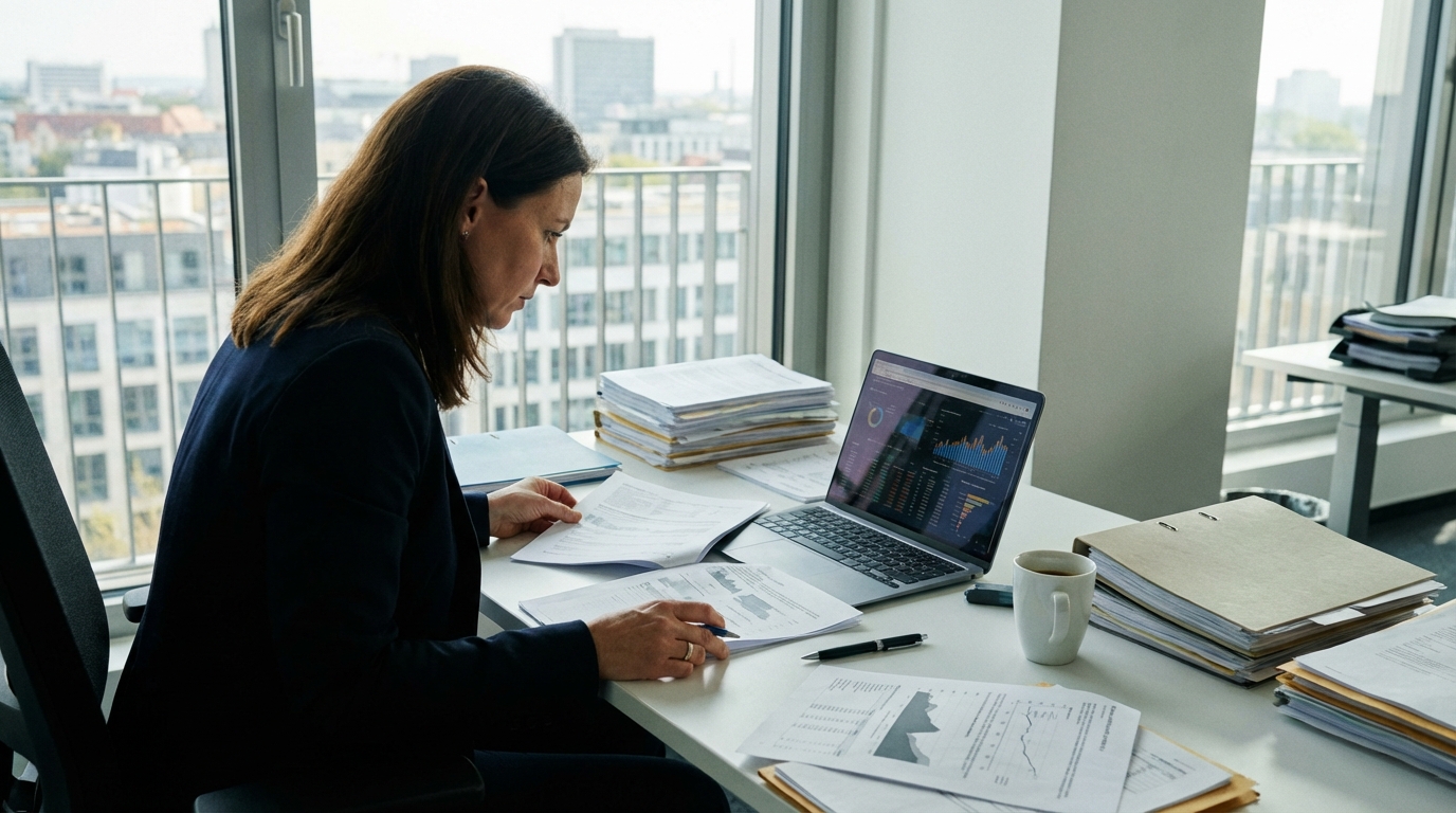 Analystin prüft Handelsregister-Unterlagen und Firmenrecherche für die Auswahl einer North Data Alternative