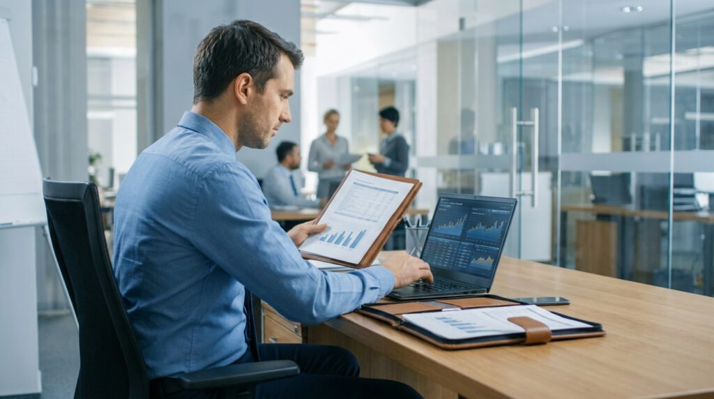 Unternehmensregister API Prüfung in modernem B2B-Büro