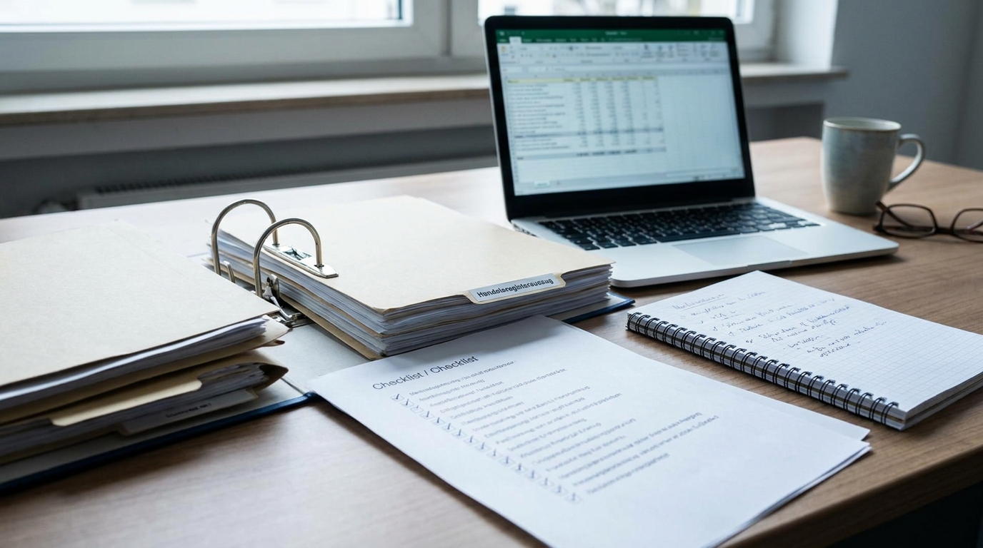 Unternehmensregister API Dokumente und Registerunterlagen auf einem Schreibtisch