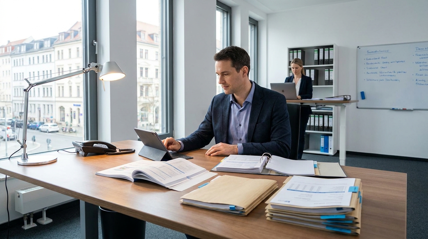 Analyst prüft Unterlagen für Unternehmensregister API und Risikobewertung