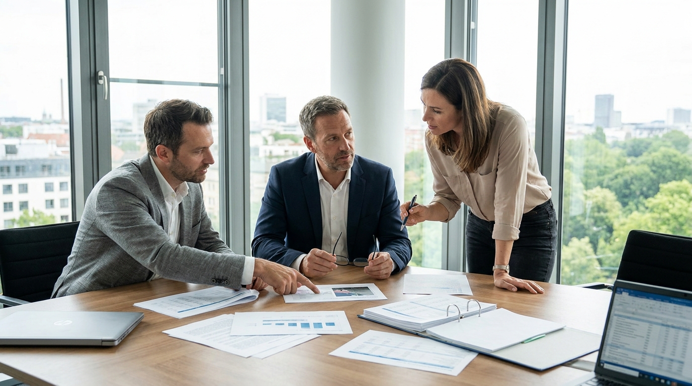 Team bespricht Unternehmensregister API Integration für CRM und Einkauf