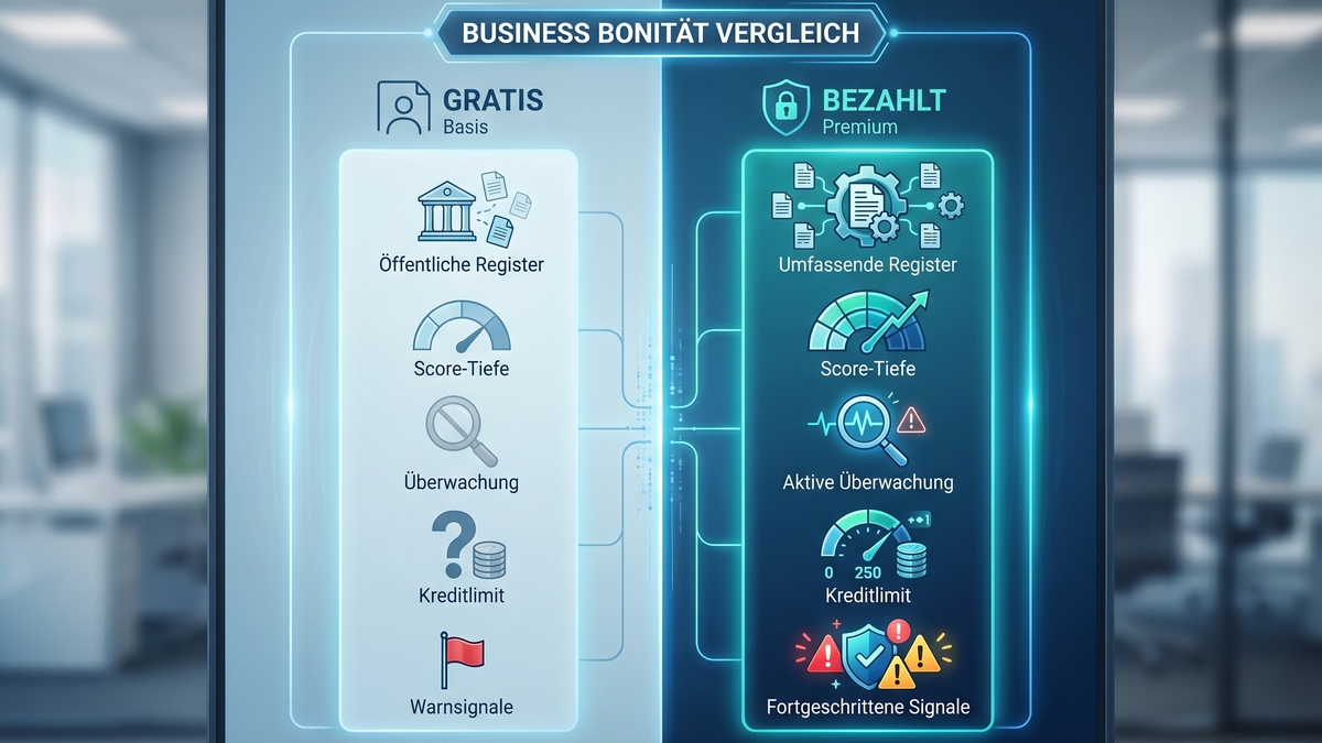 Vergleich kostenloser und kostenpflichtiger Wirtschaftsauskunft mit Risikosignalen