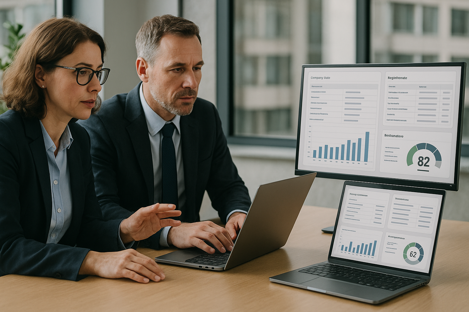 Zwei Business-Professionals prüfen Registerdaten und Bonitätsinformationen auf Laptop und Monitor