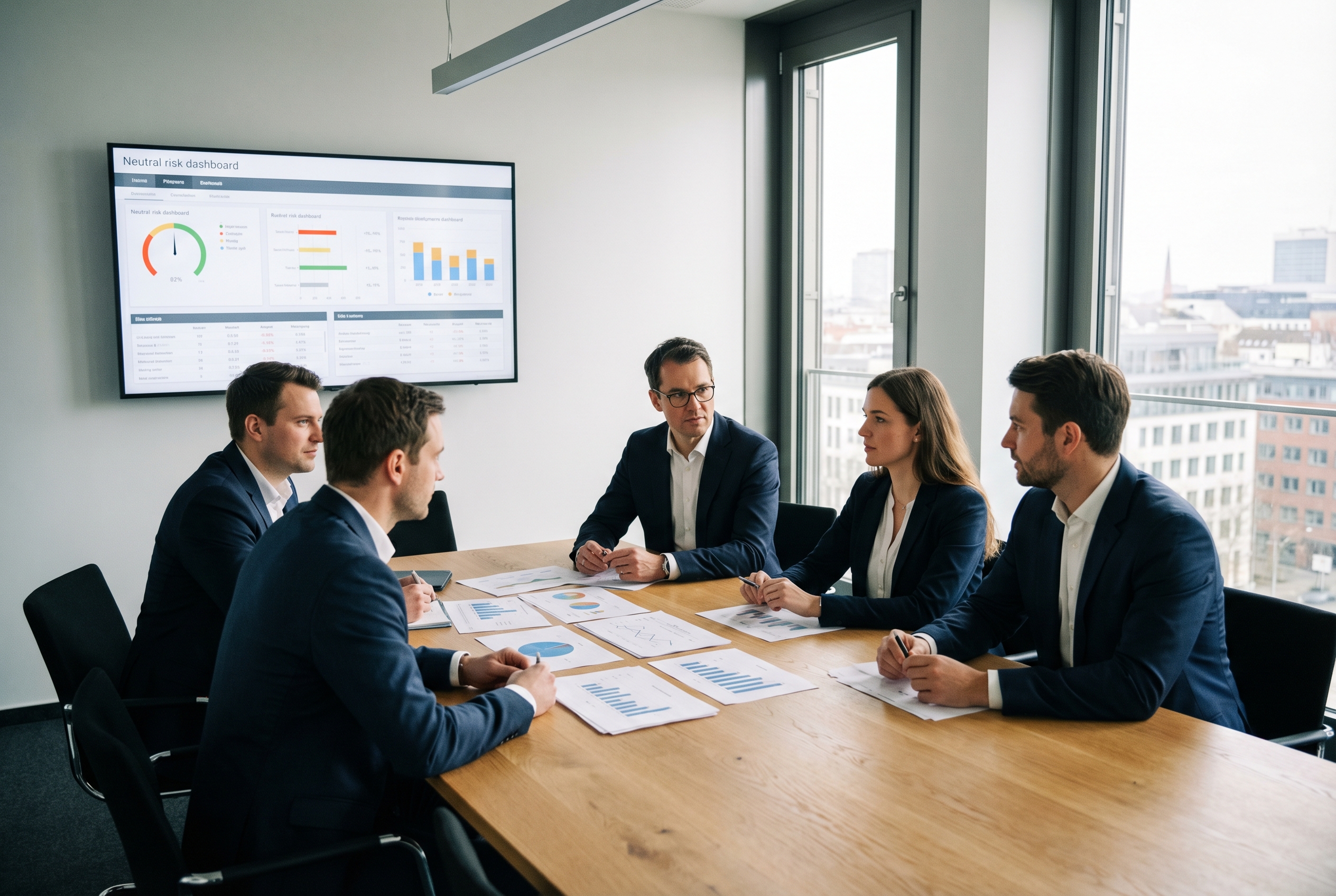 Finance- und Procurement-Team bewertet einen neuen Geschäftspartner mit Risiko-Dashboard