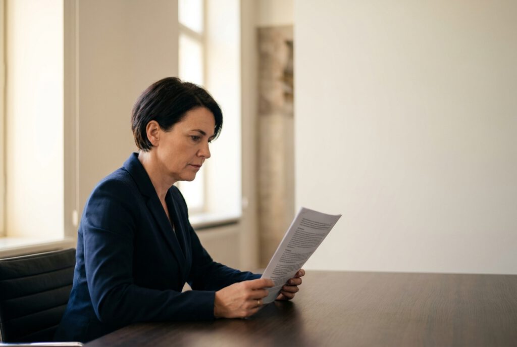 Firmen Bonität prüfen: Entscheiderin bewertet eine Firmenauskunft vor einem B2B-Abschluss