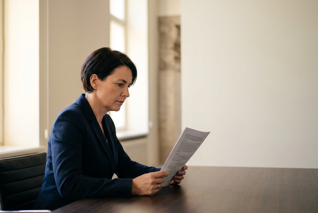 Firmen Bonität prüfen: Entscheiderin bewertet eine Firmenauskunft vor einem B2B-Abschluss